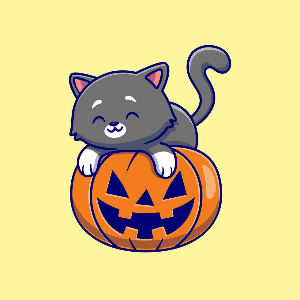 schattig kat houdende Aan pompoen halloween tekenfilm vector icoon illustratie. dier vakantie icoon concept geïsoleerd premie vector. vlak tekenfilm stijl