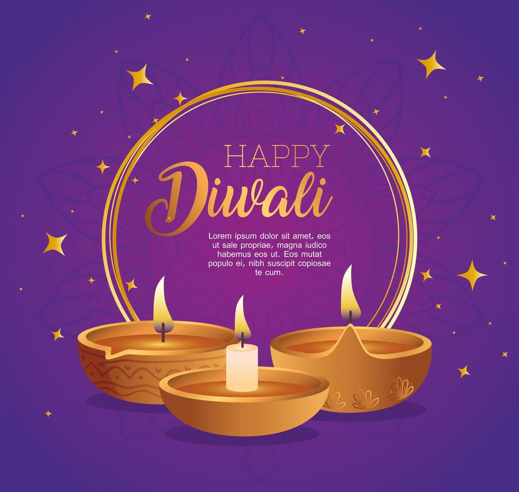 gelukkige diwali in cirkel met diya kaarsen vector design