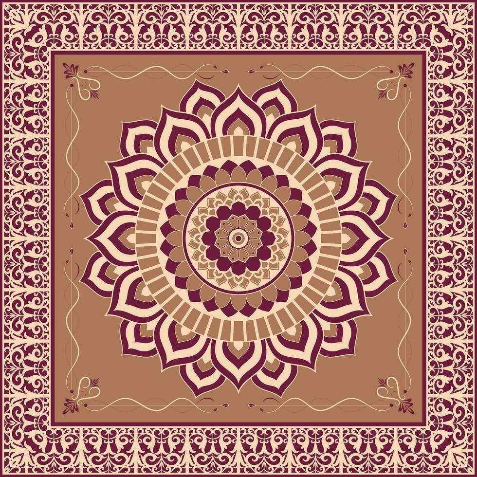 plein zijde sjaal met mandala zon en paisley grens in Indisch stijl. oriëntaals etnisch motieven. vector
