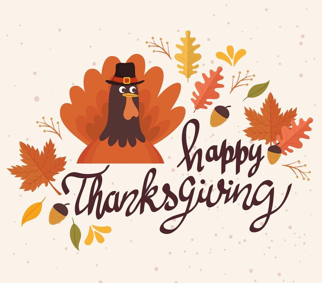 happy thanksgiving viering belettering kaart met kalkoen en bladeren vector
