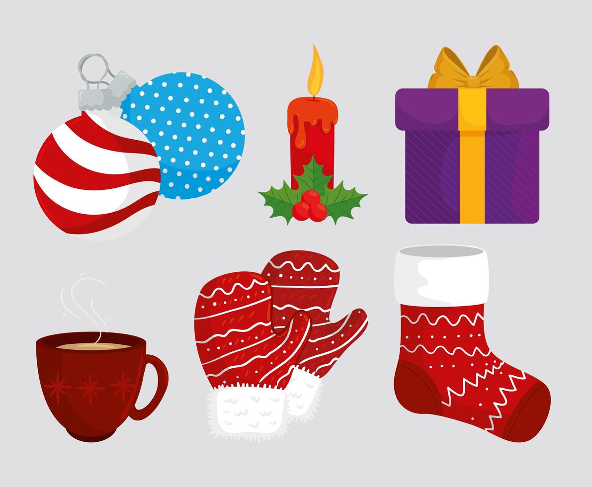 bundel van zes happy merry christmas set iconen vector