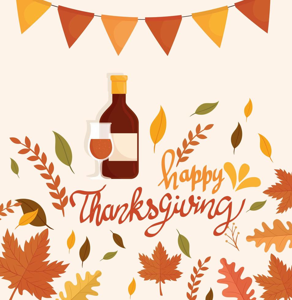 happy thanksgiving viering belettering kaart met fles wijn en slingers vector