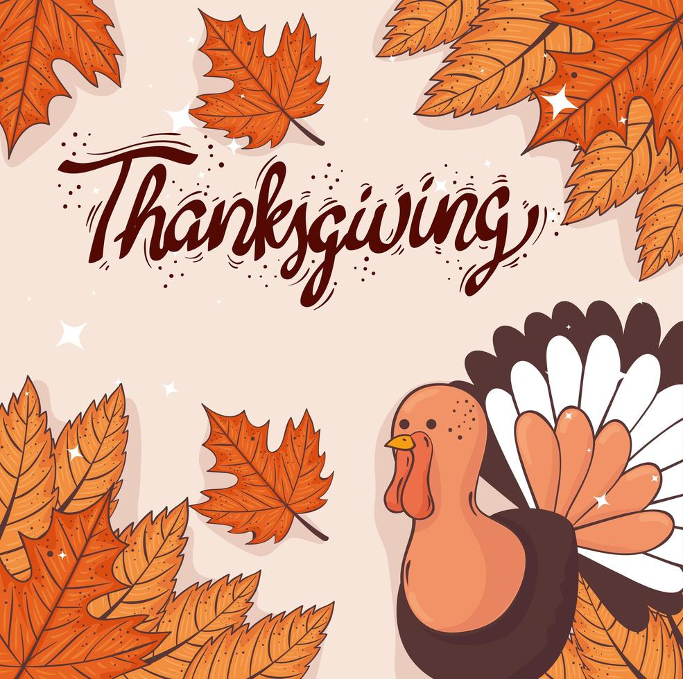 happy thanksgiving viering belettering kaart met herfstbladeren en kalkoen vector