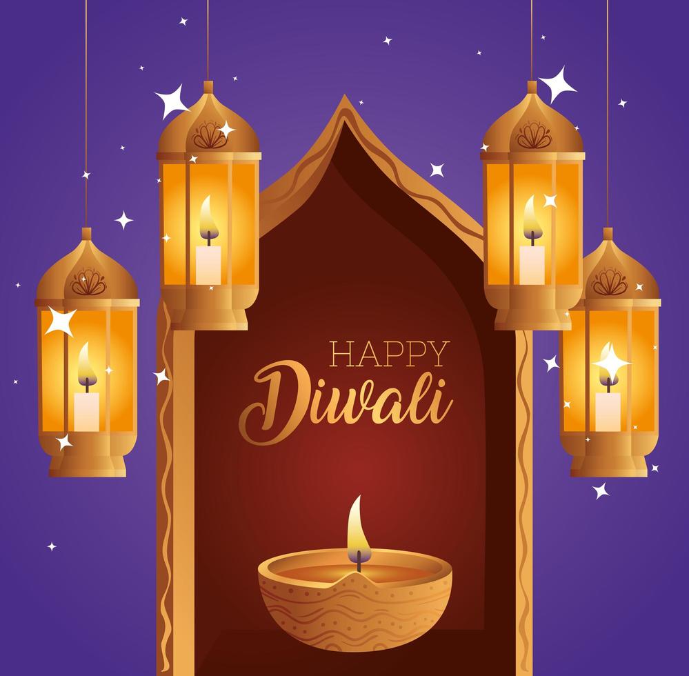 gelukkige diwali diya kaars in raam en lantaarns vector design