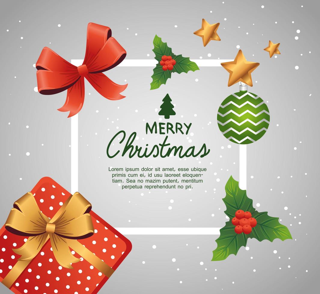 happy merry christmas belettering kaart met cadeau en decoratieve pictogrammen vector