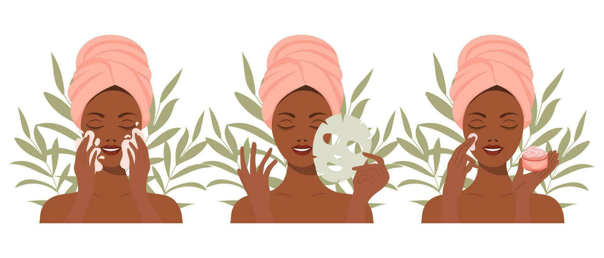 gelaats huid zorg. een vrouw duurt zorg van haar huid. kunstmatig maskers, pleisters, room, lotion, zeep, gezicht mousse. klem kunst set, vector