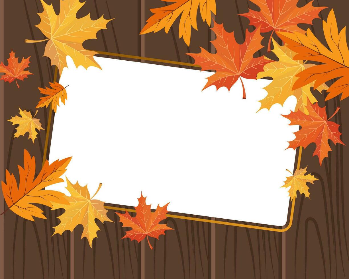 kader voor tekst met herfst esdoorn- bladeren Aan wijnoogst houten planken. herfst illustratie, vector