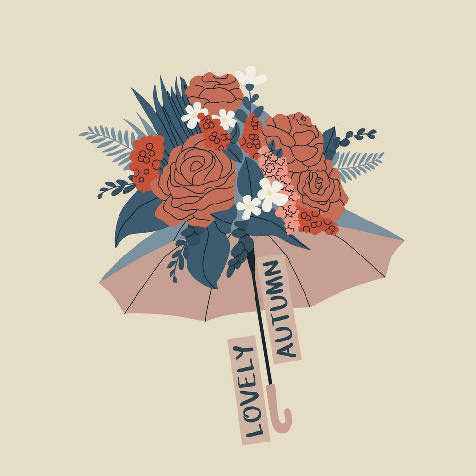 paraplu met een boeket van bloemen Aan het. tekst - lief herfst. vector illustratie voor herfst ontwerp, ansichtkaart, sticker, enz.