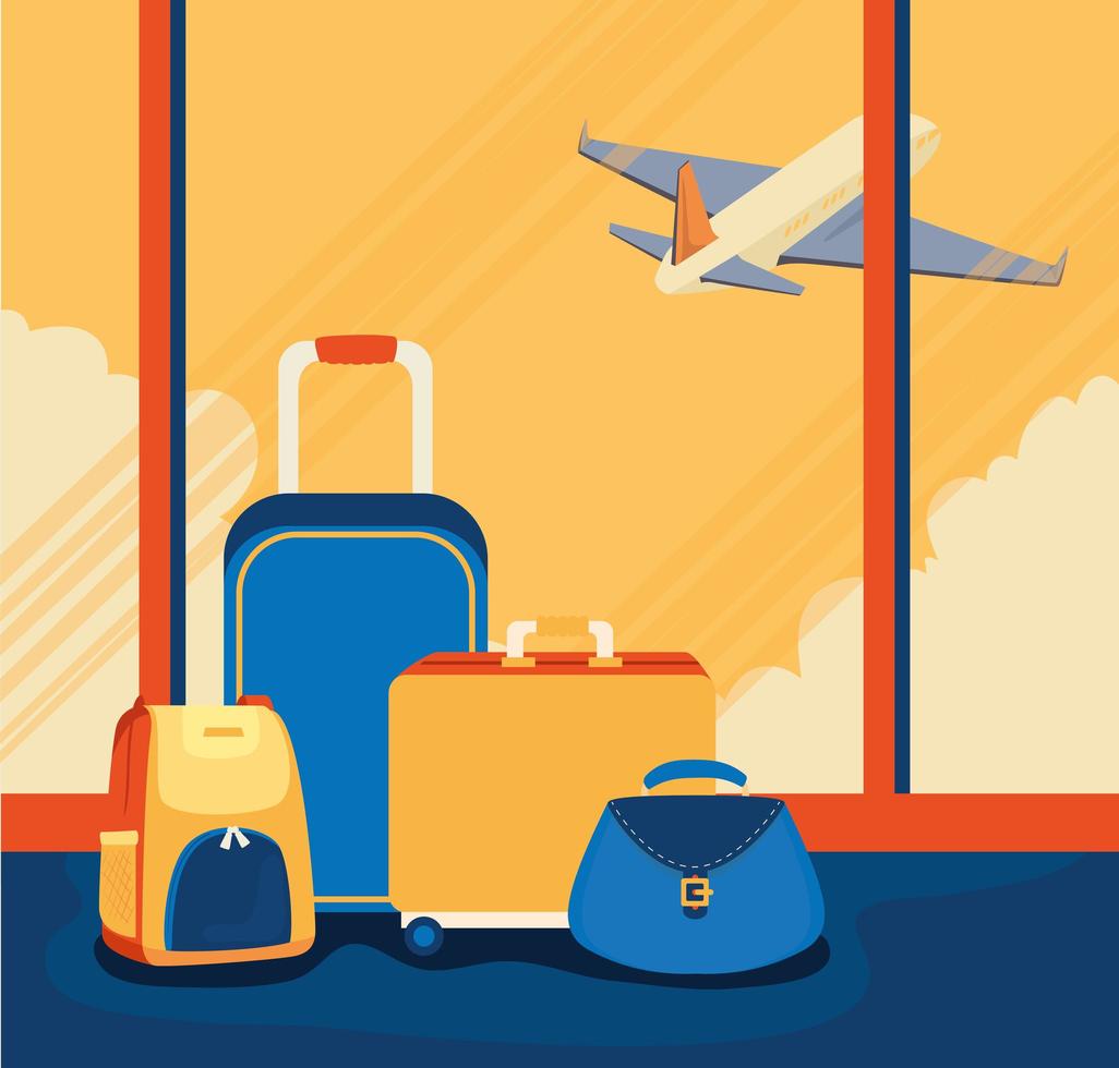 reisposter met bagage en vliegtuig vector