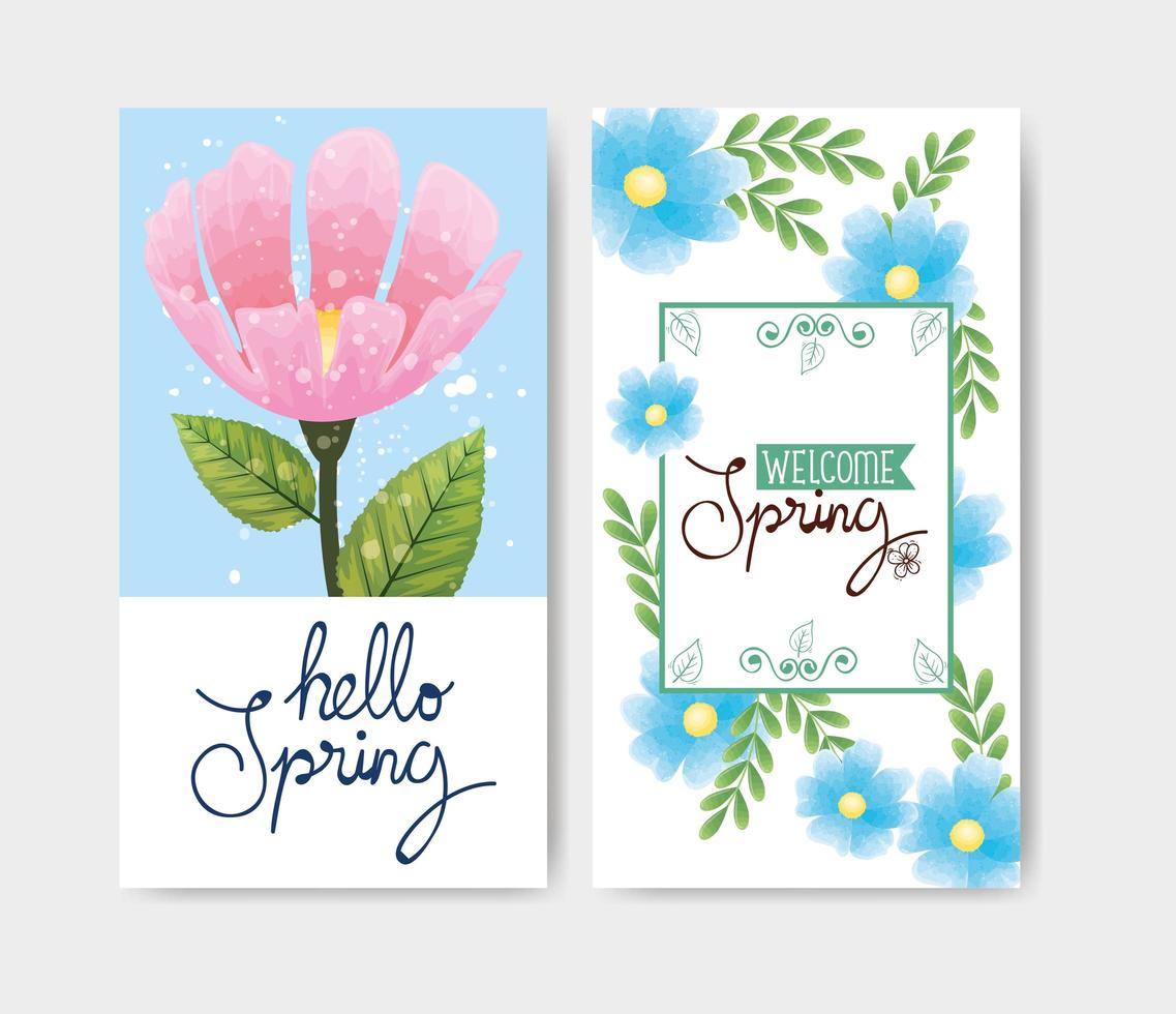 set kaarten van hallo lente met bloemendecoratie vector