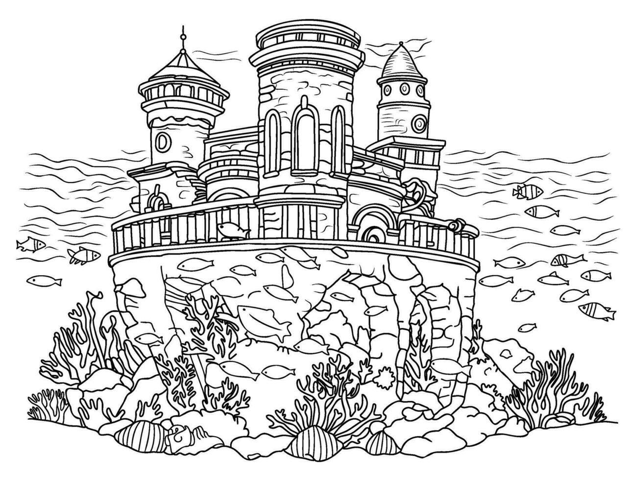 onderwater- wereld kleur bladzijde. kleur bladzijde Atlantis kasteel onderwater- vector