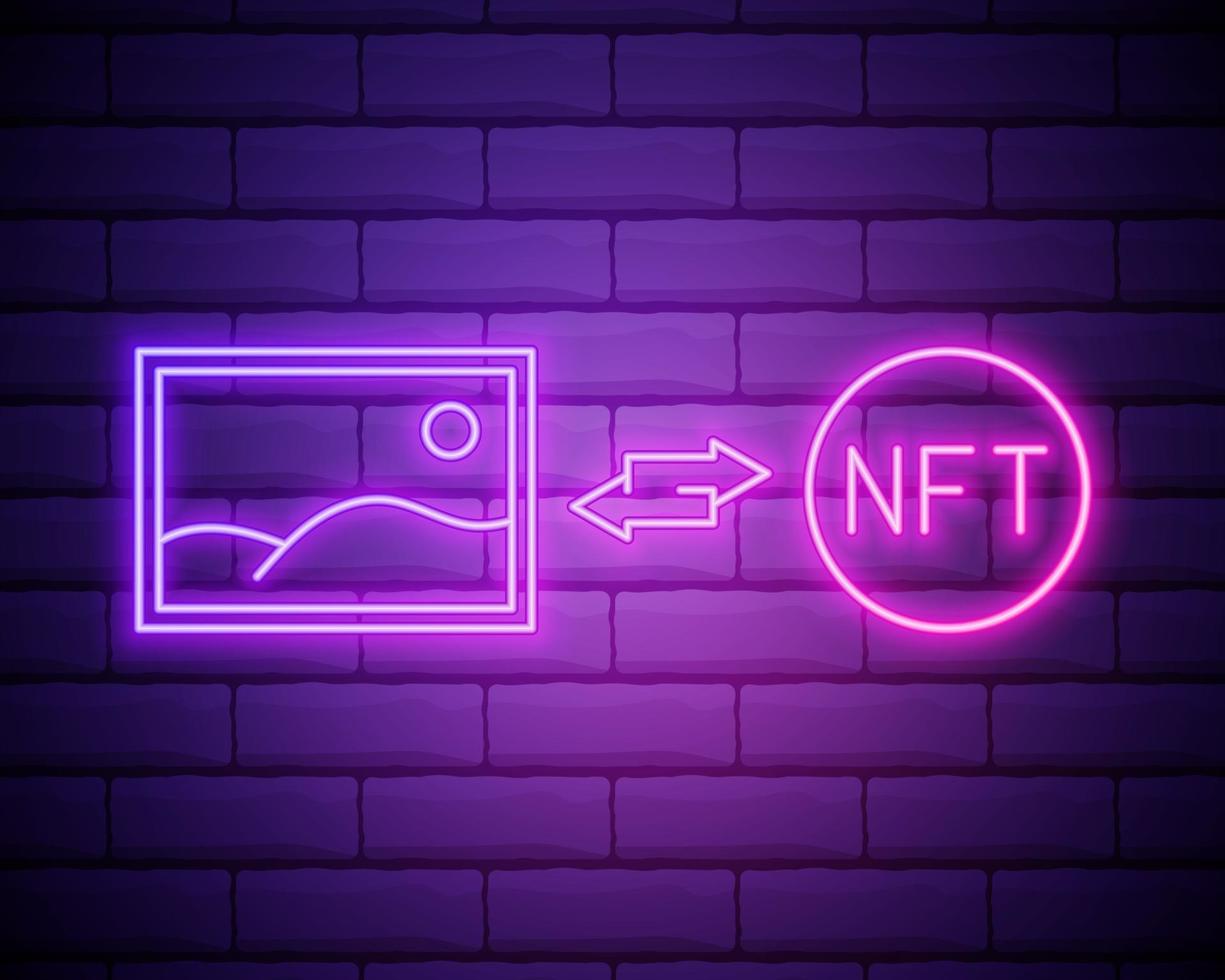 nft niet vervangbare token gloeiende neon vectorillustratie. digitale kunst concept.nft valutapictogram geïsoleerd op bakstenen muur vector