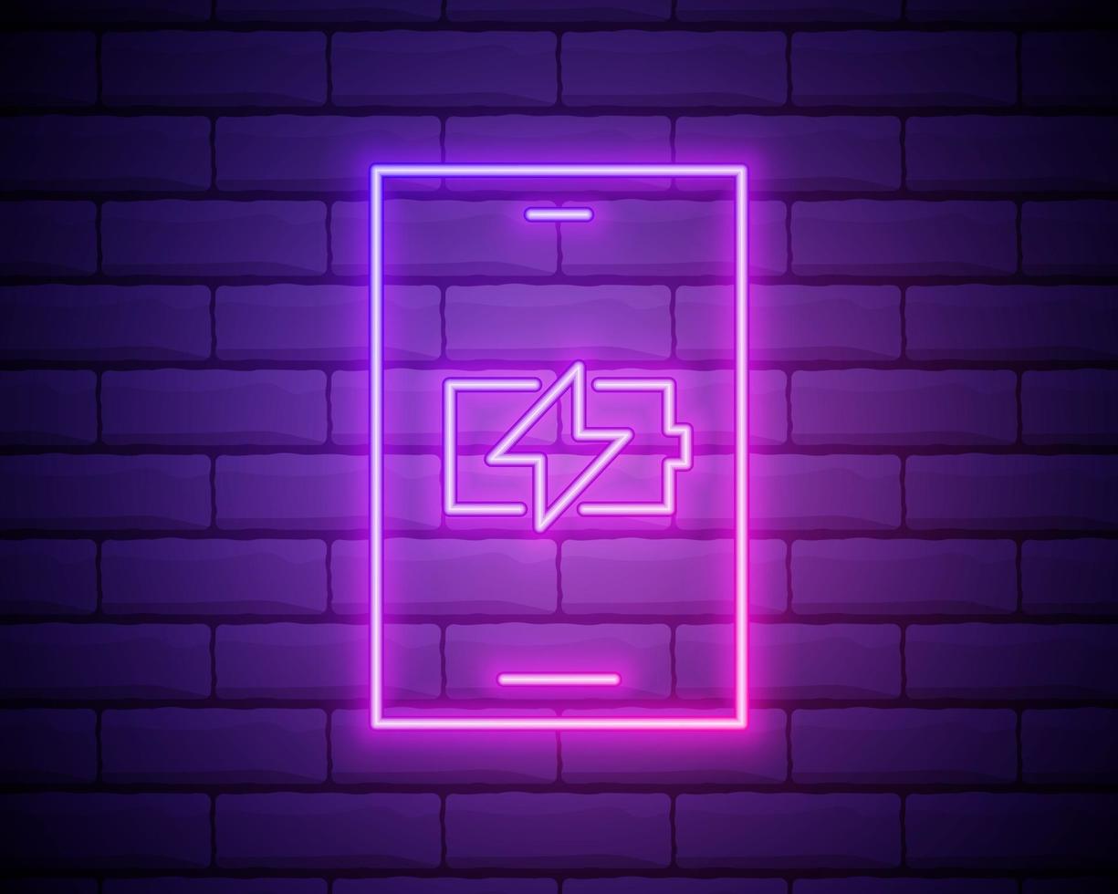gloeiende neon smartphone opladen batterijpictogram geïsoleerd op bakstenen muur achtergrond. telefoon met een lage batterijlading. vector illustratie