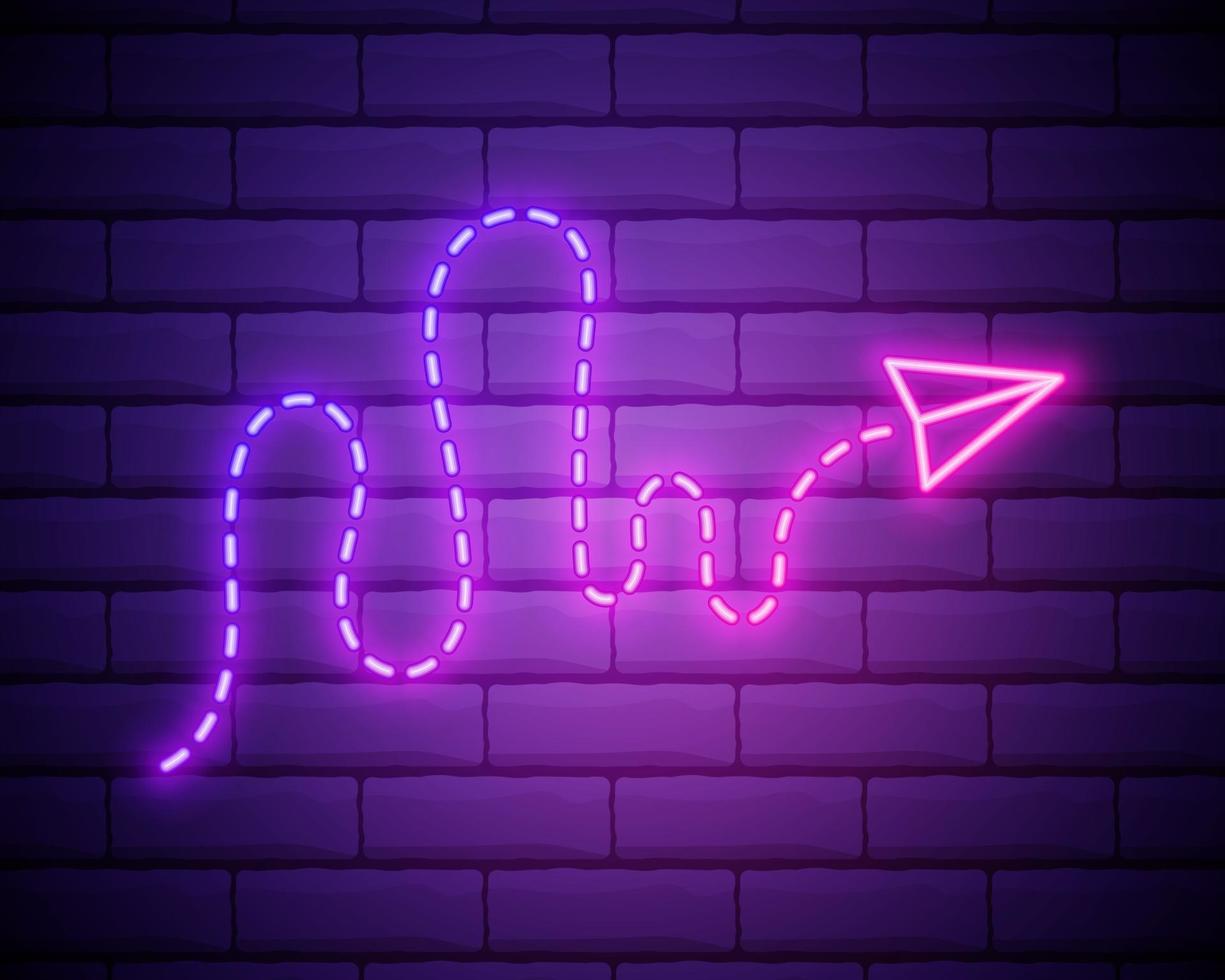 papieren vliegtuigje met pad neon sign.bright papieren vliegtuigje. nacht heldere advertentie. vectorillustratie in neonstijl voor reizen en vakantie geïsoleerd op bakstenen muur vector