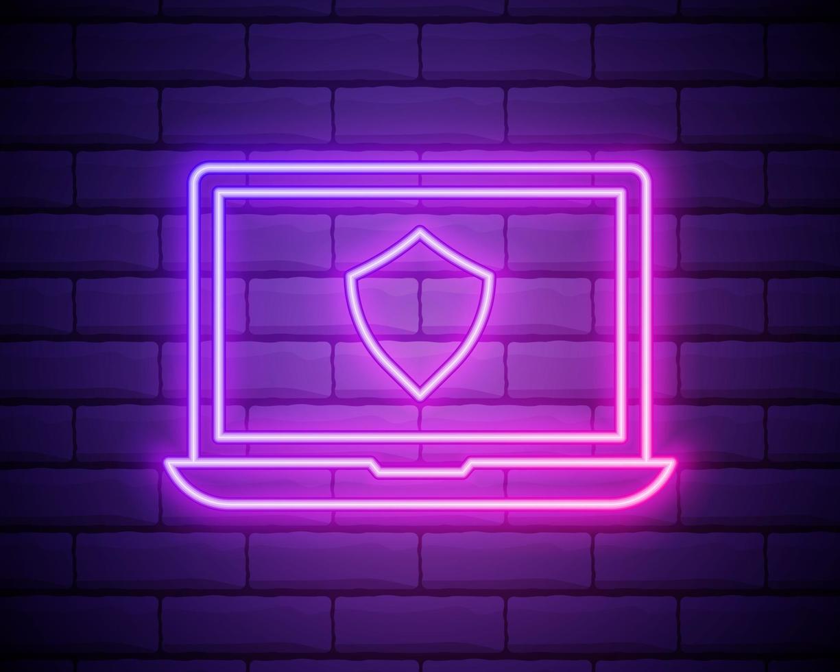 gloeiende neon lijn wachtwoordbeveiliging en veiligheidstoegang pictogram geïsoleerd op bakstenen muur achtergrond. beveiliging, veiligheid, bescherming, privacyconcept. vector illustratie