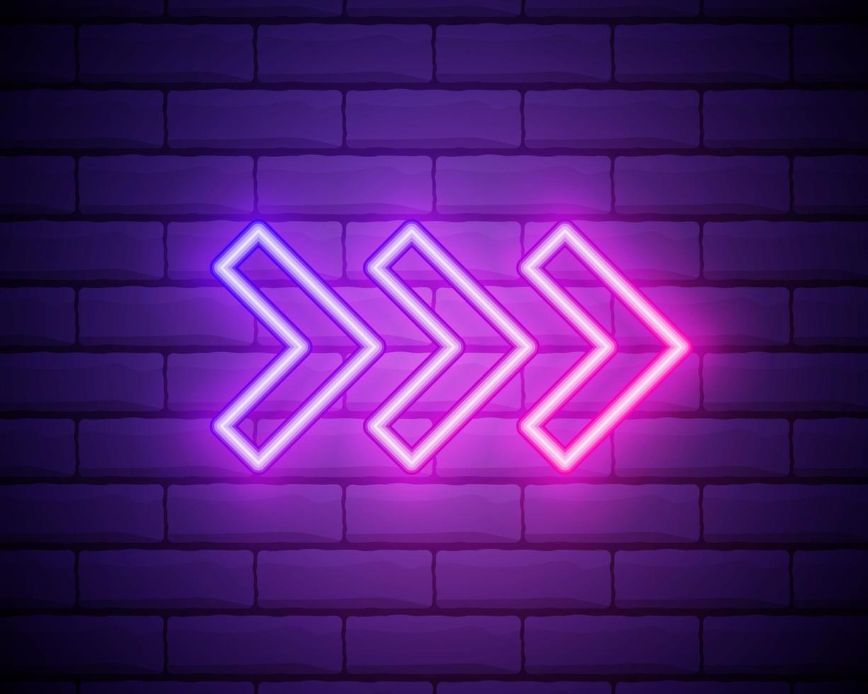 neon pijl teken. gloeiende neon pijlaanwijzer op bakstenen muur achtergrond. retro uithangbord met felle neonbuizen. vector