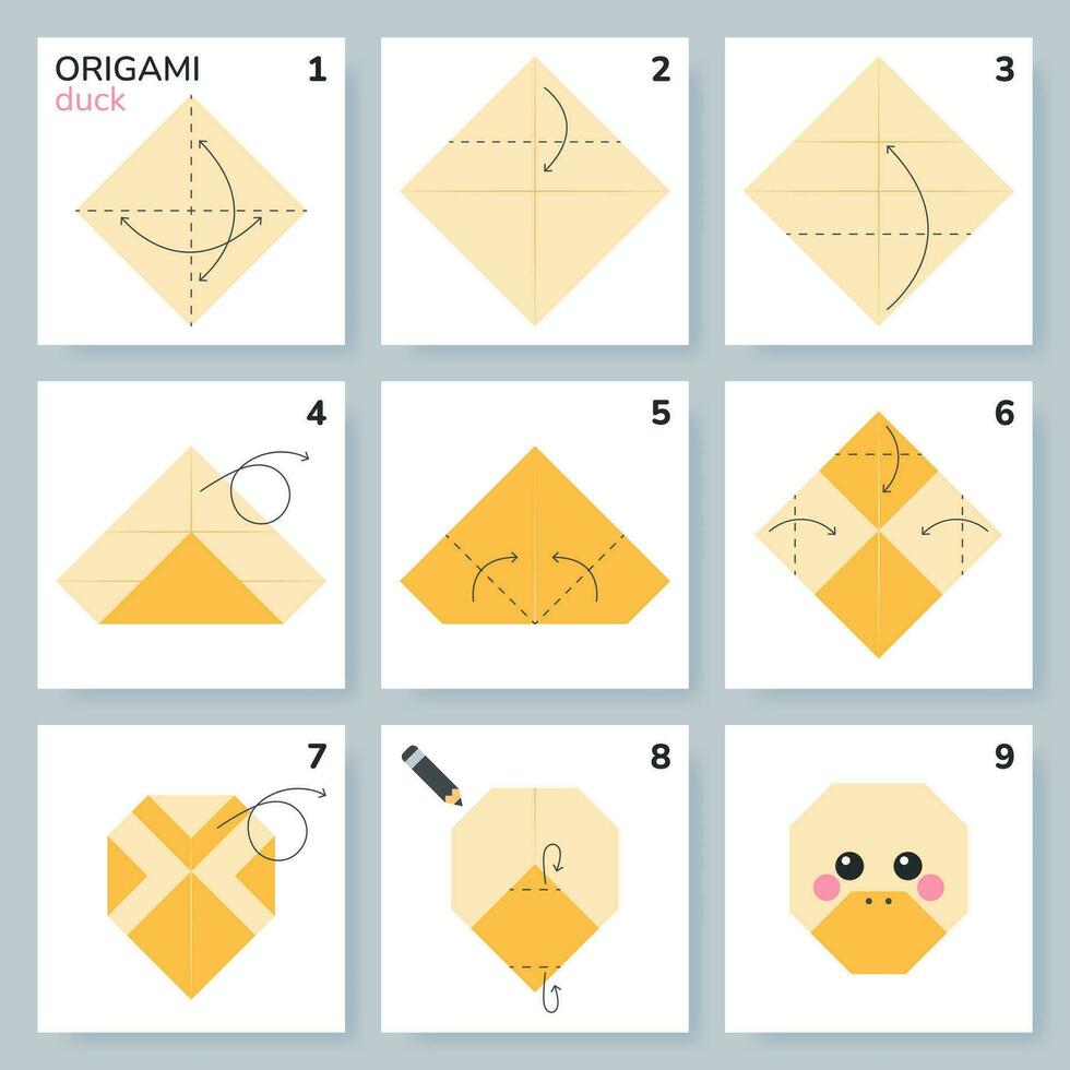 eend origami regeling zelfstudie in beweging model. origami voor kinderen. stap door stap hoe naar maken een schattig origami eend. vector illustratie.