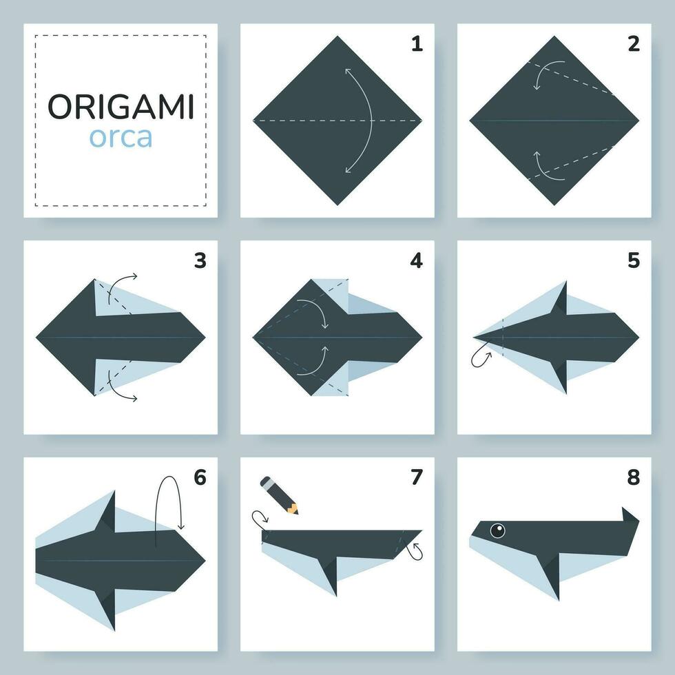 orka origami regeling zelfstudie in beweging model. origami voor kinderen. stap door stap hoe naar maken een schattig origami moordenaar walvis. vector illustratie.