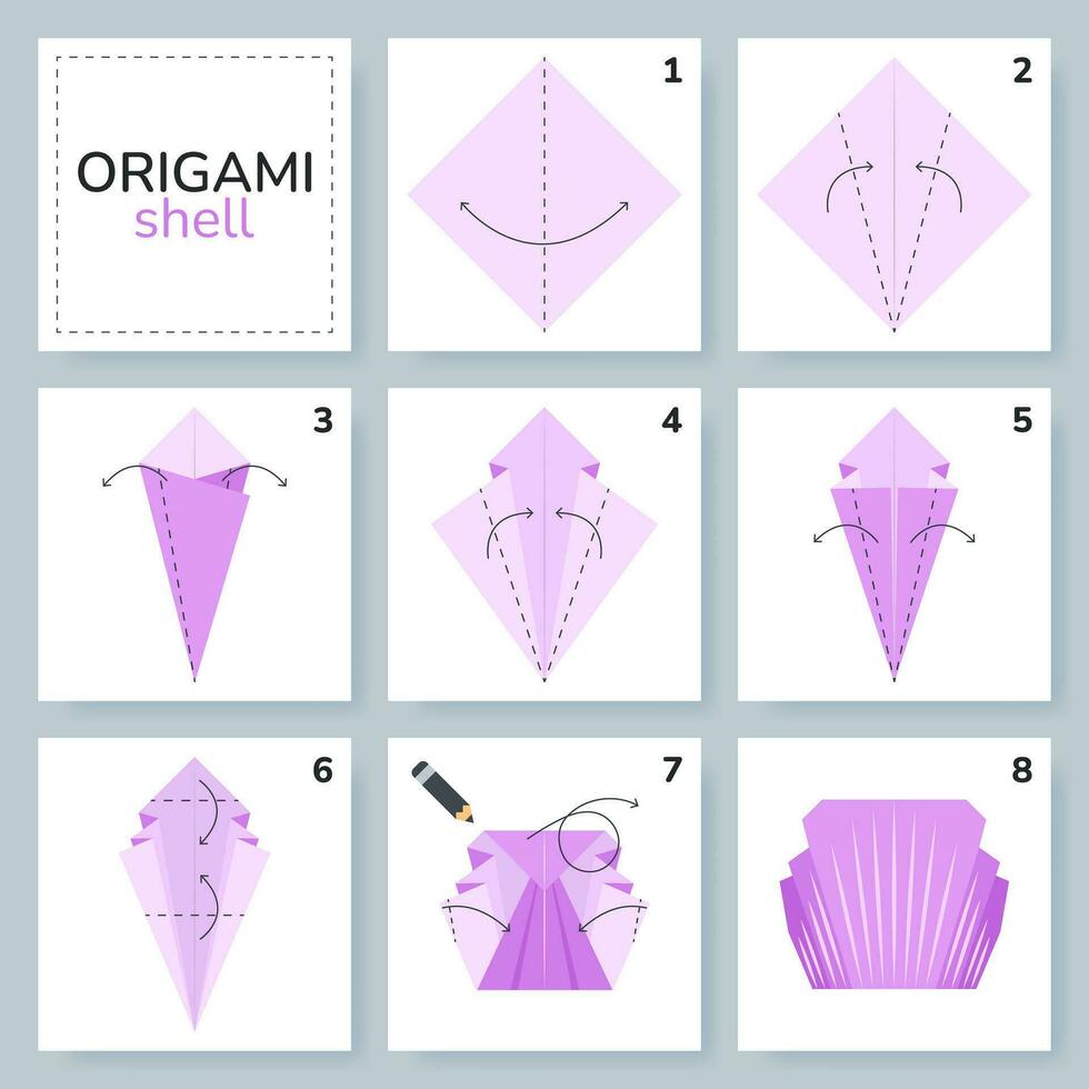 schelp origami regeling zelfstudie in beweging model. origami voor kinderen. stap door stap hoe naar maken een schattig origami schelp. vector illustratie.