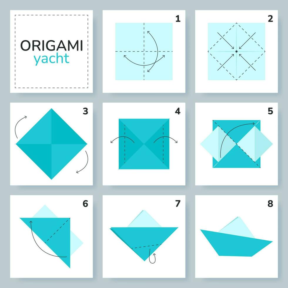 jacht origami regeling zelfstudie in beweging model. origami voor kinderen. stap door stap hoe naar maken een schattig origami jacht. vector illustratie.