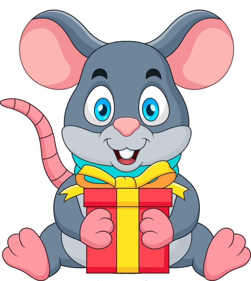 schattig muis tekenfilm is zittend en Holding een geschenk doos vector