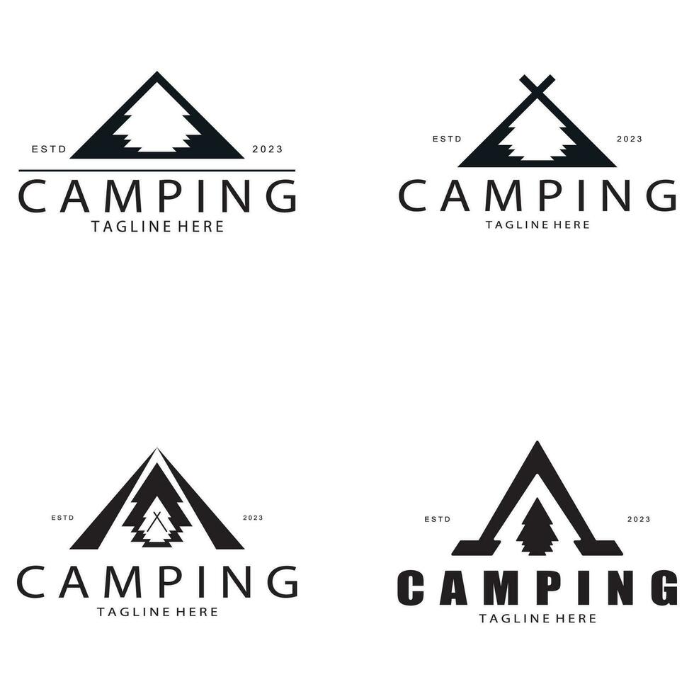 wijnoogst en retro tent logo, camping. met tent, boom en vreugdevuur teken. avonturiers, verkenners, klimmers, camping uitrusting centrum vector