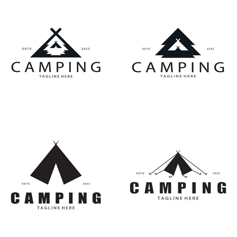 wijnoogst en retro tent logo, camping. met tent, boom en vreugdevuur teken. avonturiers, verkenners, klimmers, camping uitrusting centrum vector