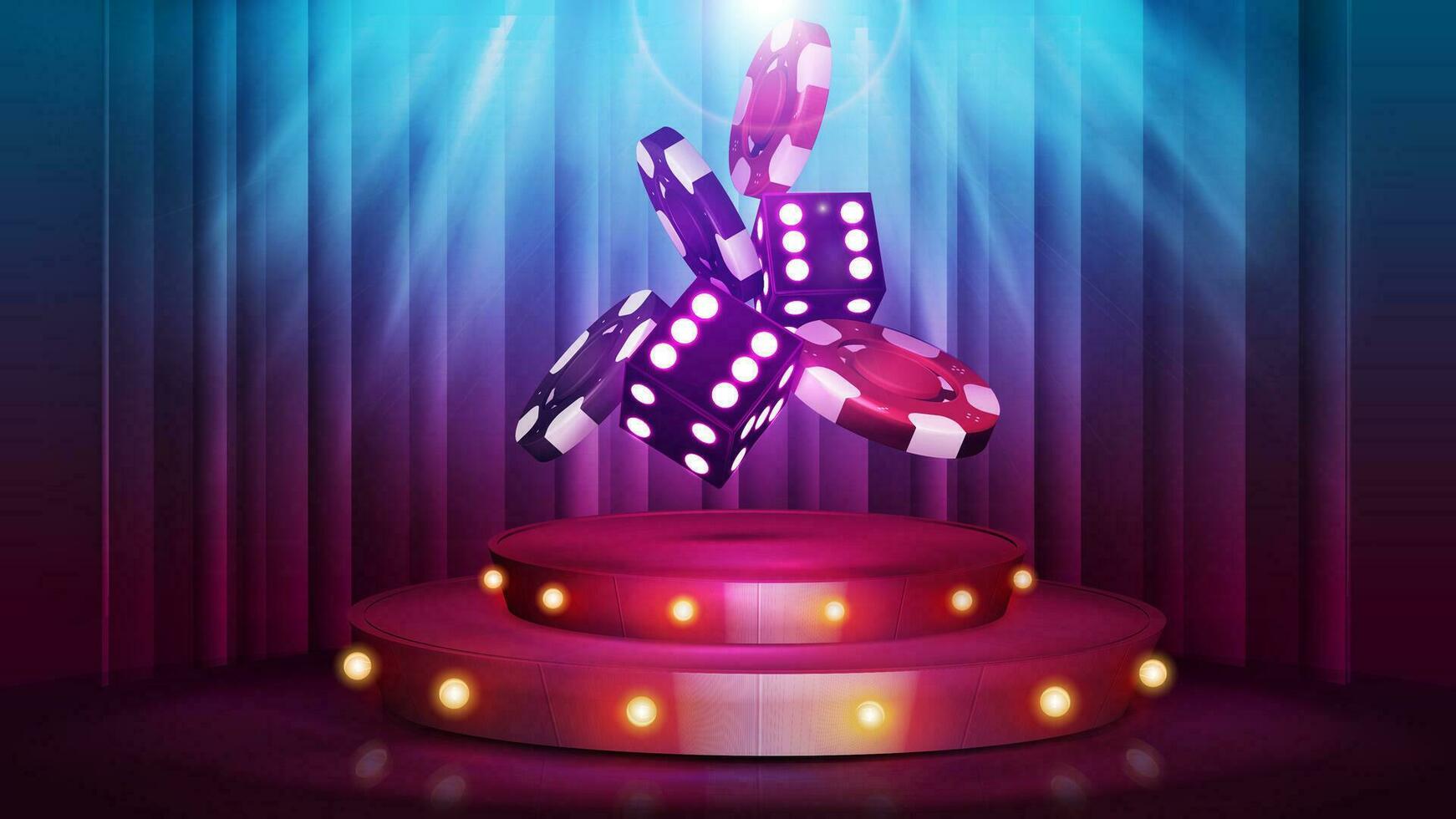 rood tekenfilm podium met neon Dobbelsteen met rood en zwart het gokken stack van casino chips vector