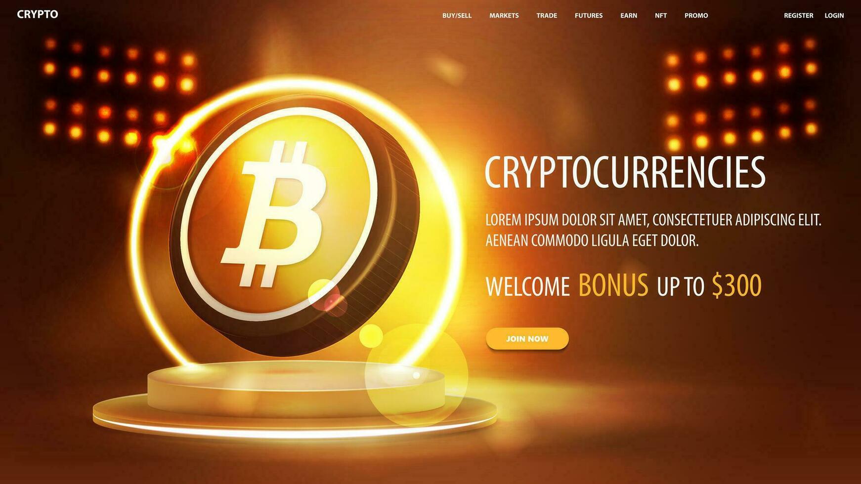 banier voor website met knop, podium met geel neon ring Aan achtergrond en goud 3d bitcoin vector