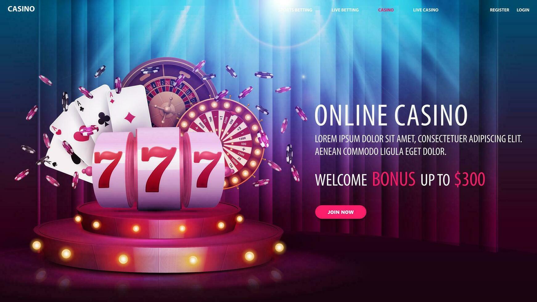online casino, Welkom bonus, web banier met bieden, sleuf machine, wiel fortuin, roulette wiel, poker chips en spelen kaarten Aan rood ronde podium met gordijn Aan achtergrond vector