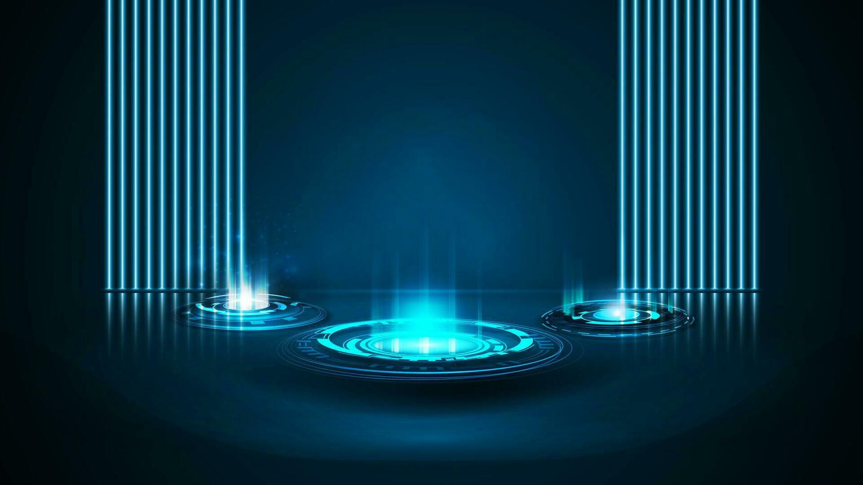 blauw digitaal hologram portalen in cilindrisch vorm in blauw tafereel met muur van lijn neon lampen vector