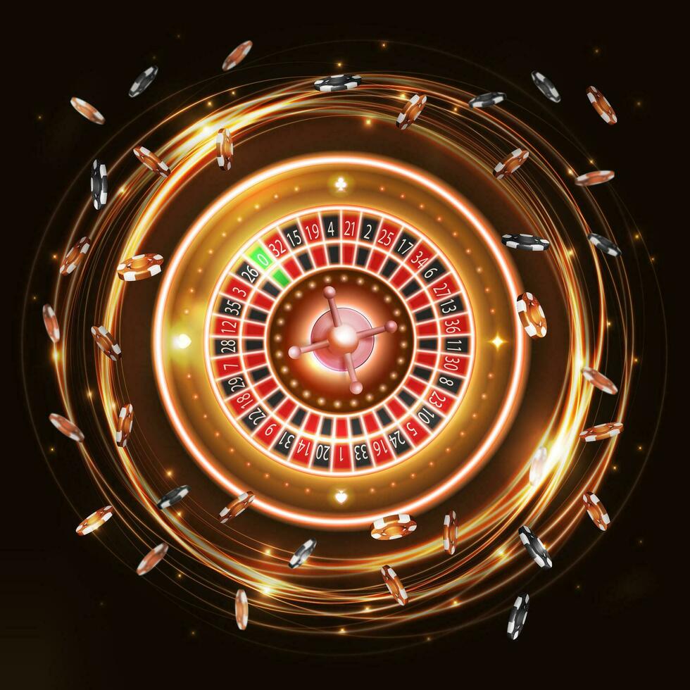 goud schijnen neon draaien casino roulette wiel met poker chips, digitaal casino element vector
