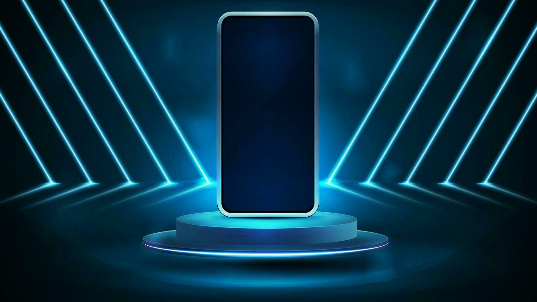 smartphone Aan podium in leeg blauw tafereel met diagonaal blauw lijn neon lampen Aan achtergrond. smartphone mockup met neon elementen vector