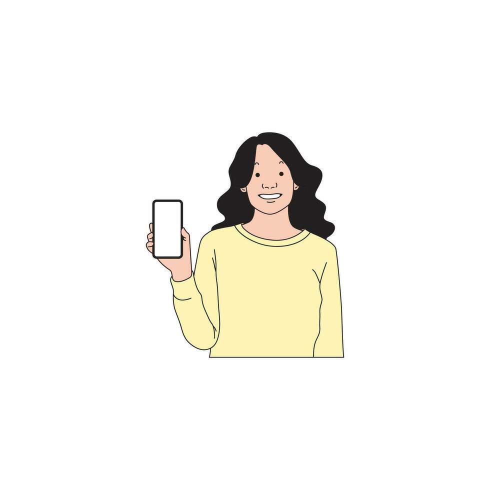 een vrouw met lang haar- is tonen haar cel telefoon vector