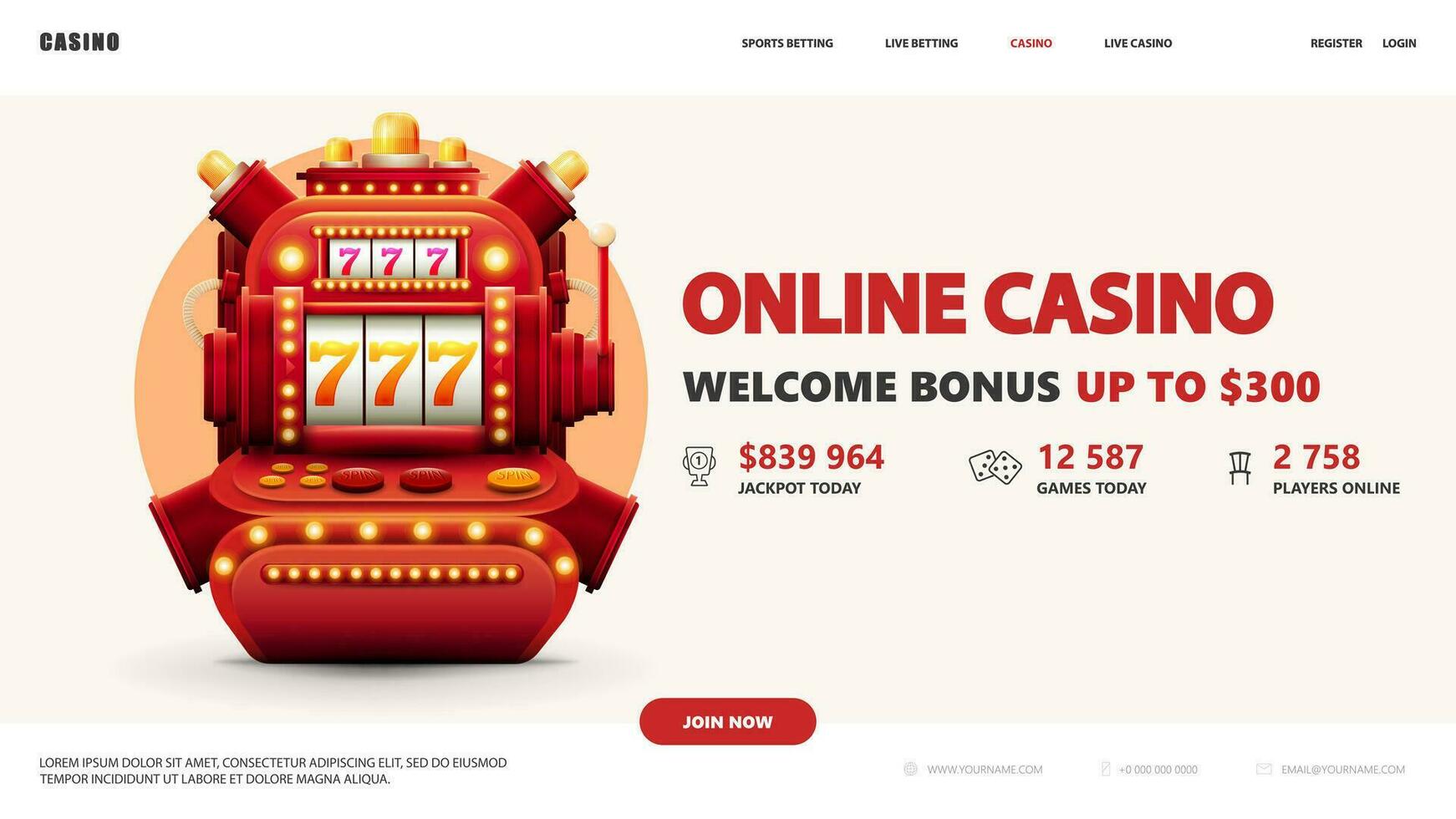 online casino, wit banier met volumetrisch rood sleuf machine en koppel elementen vector