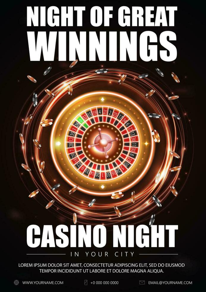 casino nacht, zwart poster met goud schijnen neon casino roulette wiel met poker chips vector