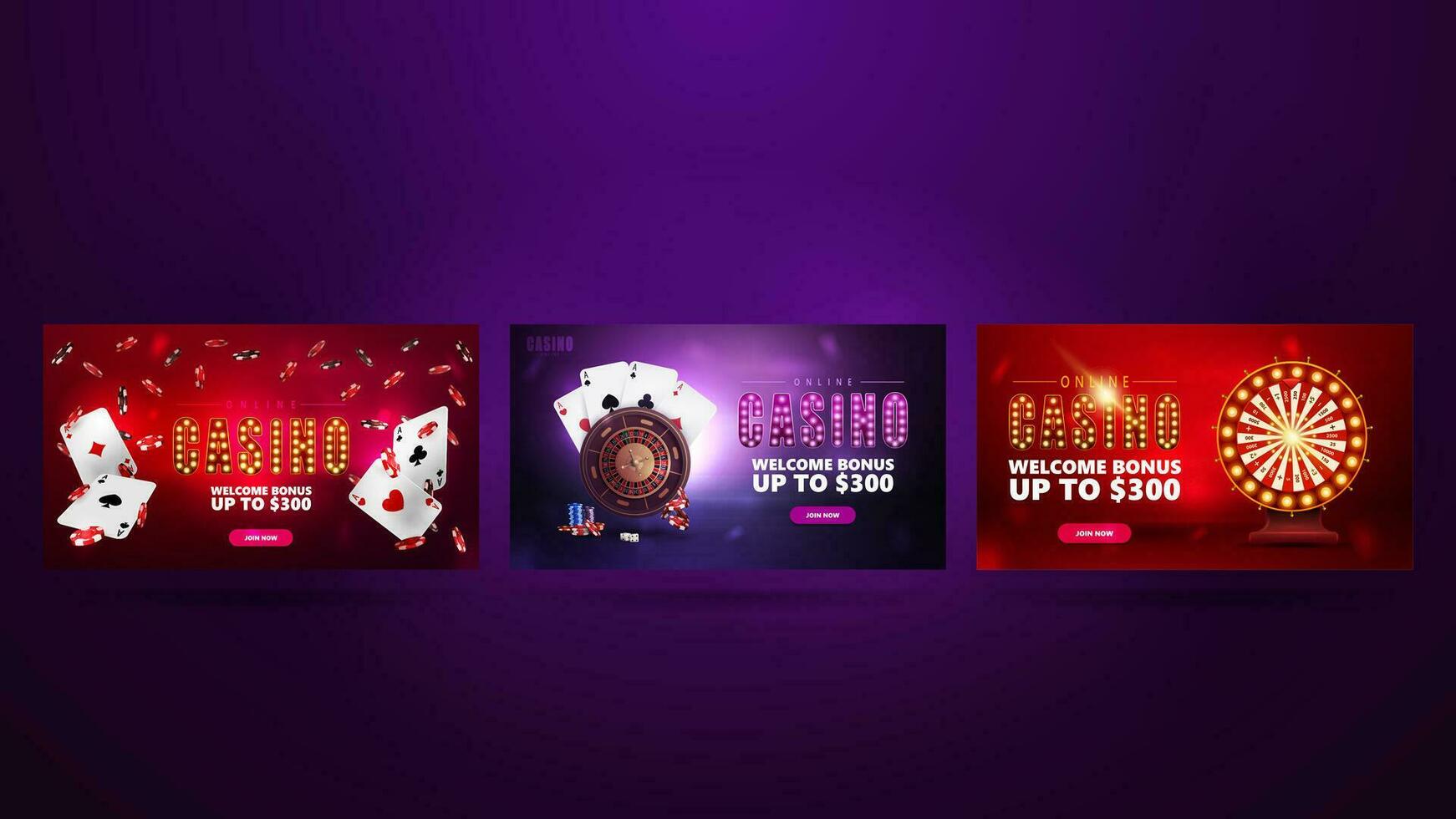 verzameling van casino banners met casino elementen. web banners met spelen kaarten, roulette en loterij wiel vector