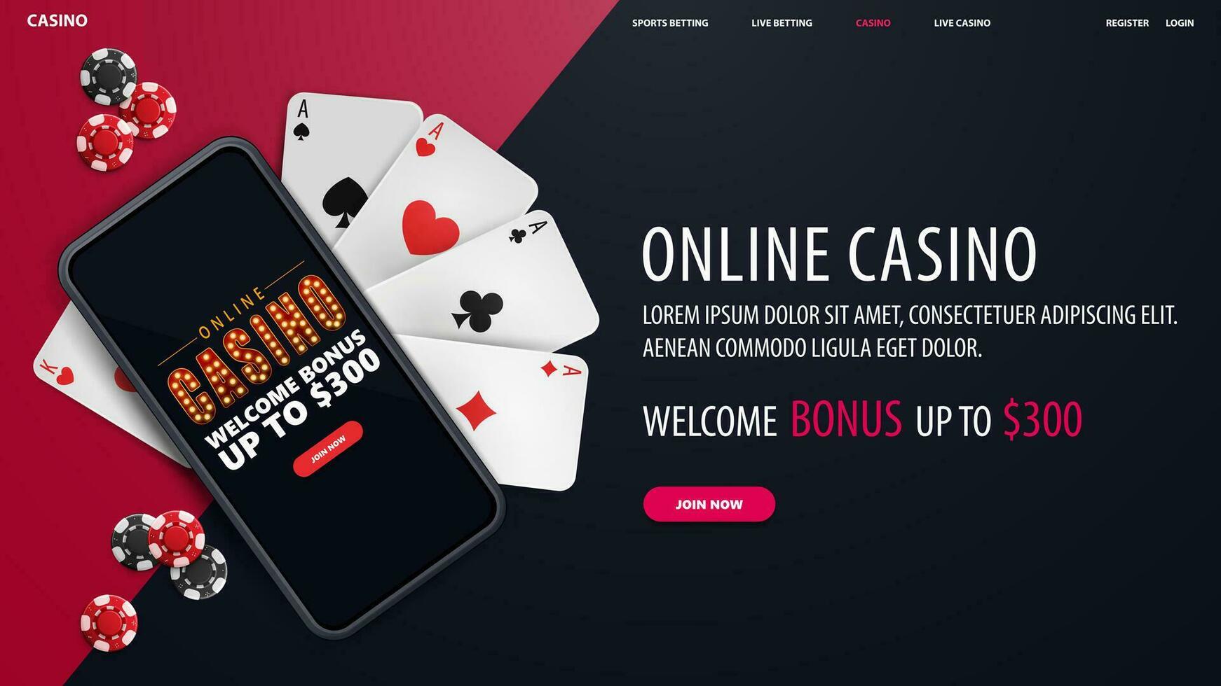 online casino, blauwe banner met smartphone met aanbieding, speelkaarten en pokerfiches, bovenaanzicht vector