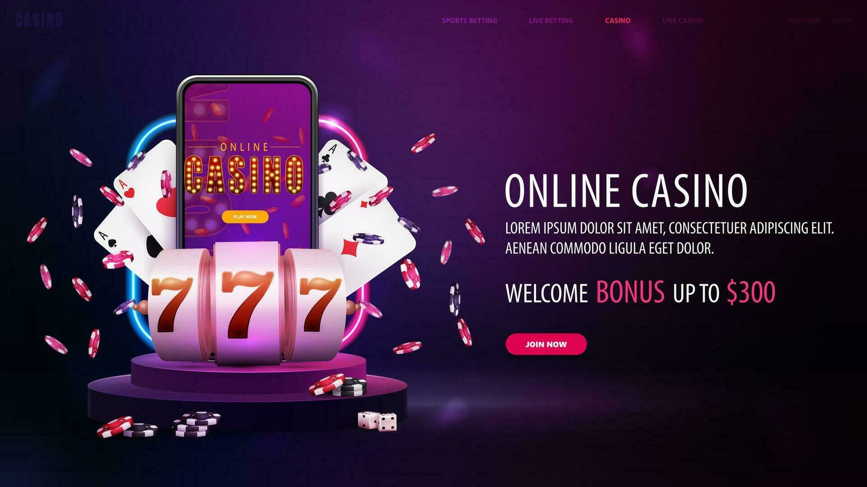 online casino, paars web banier met bieden, podium met neon kader, smartphone, sleuf machine en spelen kaarten vector