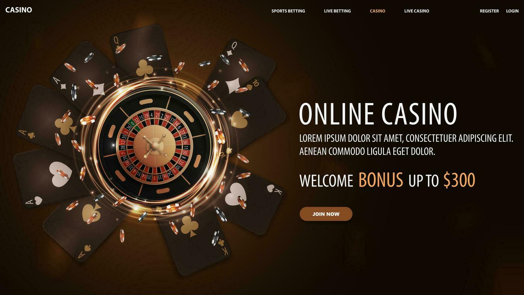 online casino, zwart banier met bieden, goud schijnen neon draaien casino roulette wiel met poker chips en spelen kaarten vector