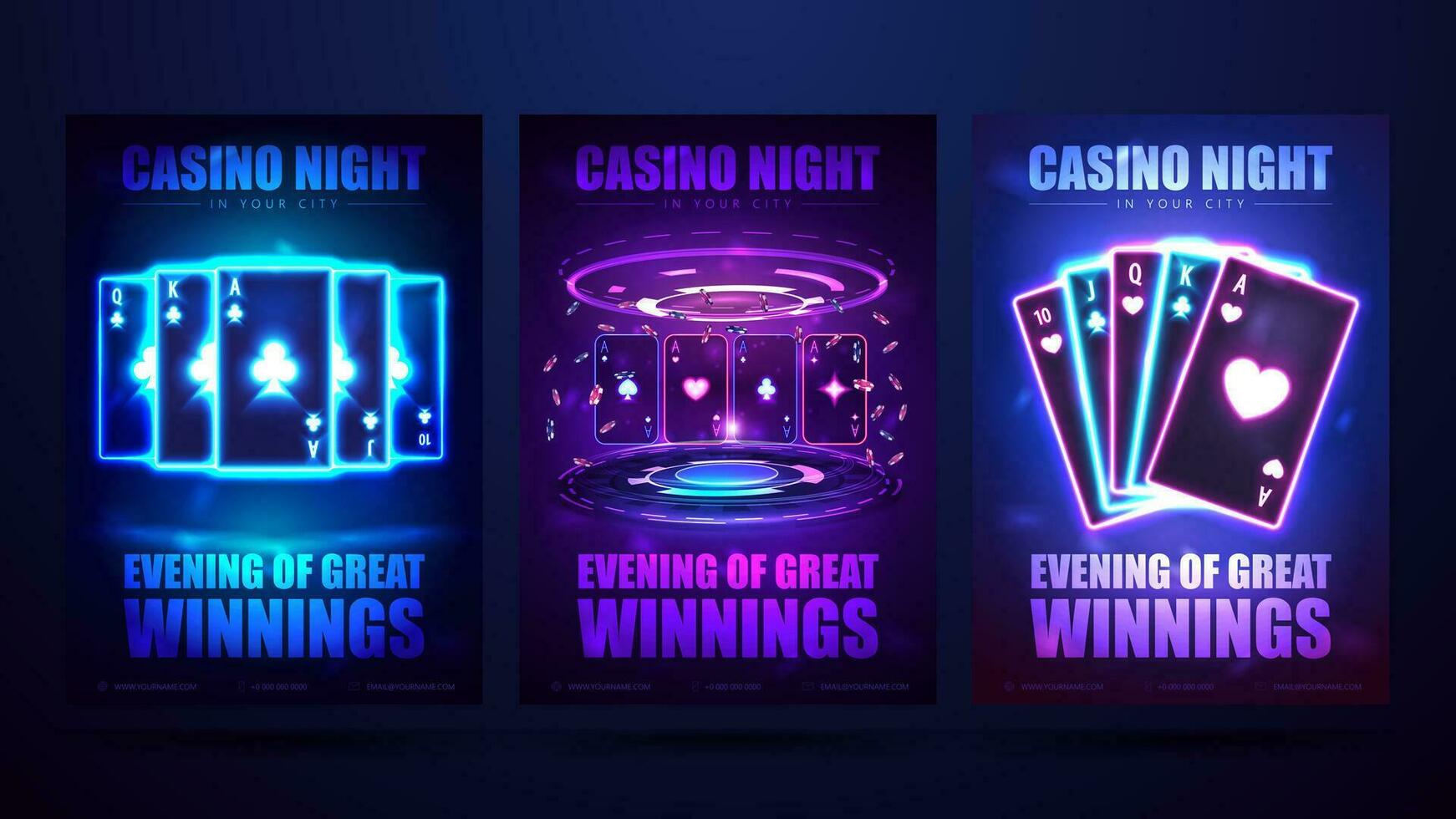 casino nacht, reeks van uitnodiging posters met neon spelen kaarten met poker chips. vector