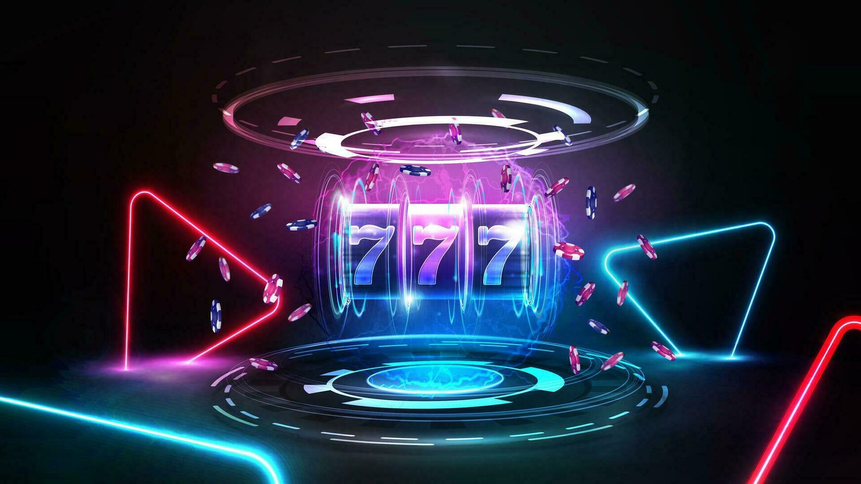 neon casino sleuf machine met jackpot, poker chips en hologram van digitaal ringen in donker tafereel met roze en blauw neon driehoeken vector