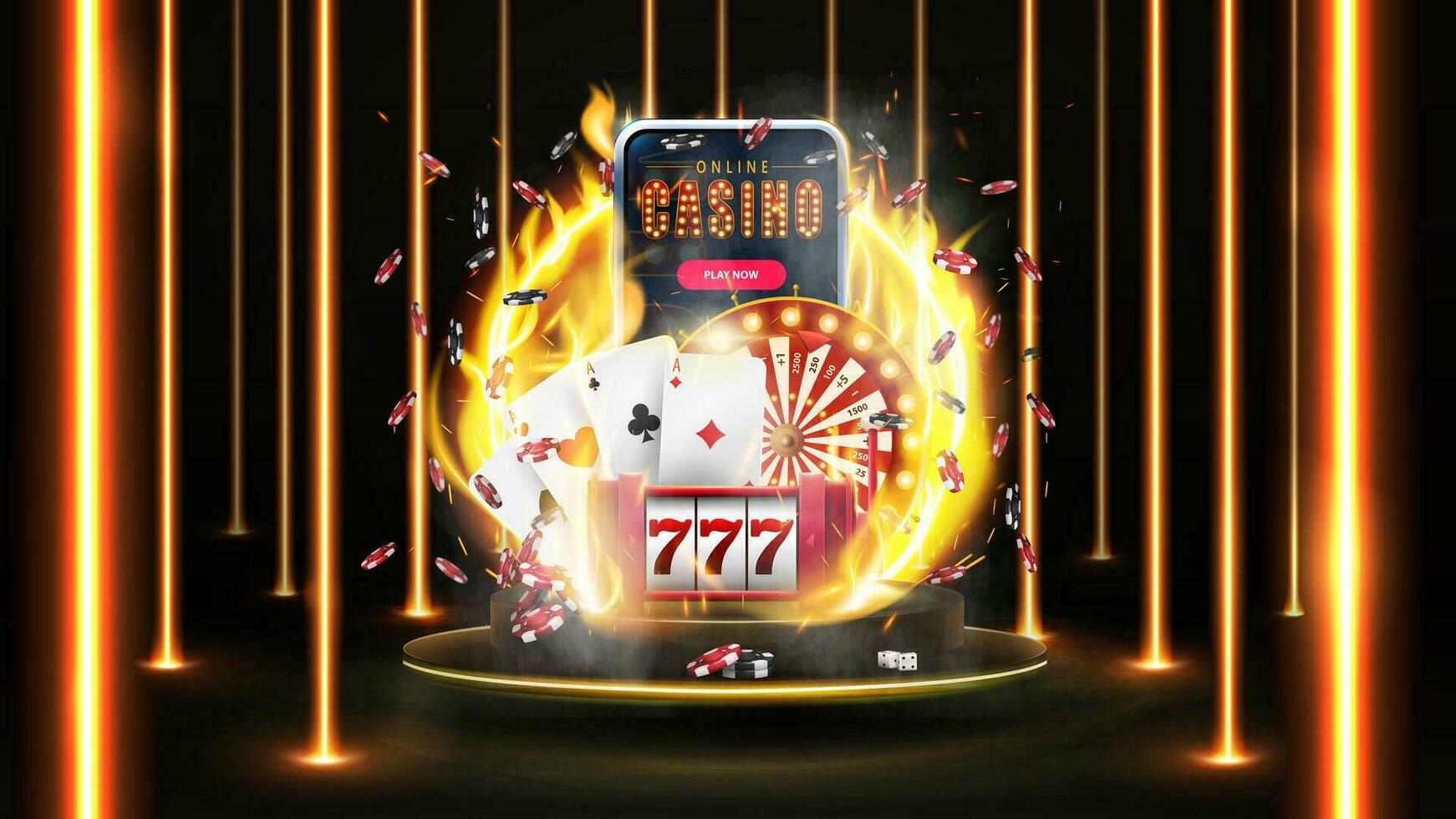 online casino, banier met smartphone, casino sleuf machine, casino roulette, spelen kaarten en poker chips Aan goud podium in donker tafereel met muur van lijn verticaal goud neon lampen in de omgeving van vector