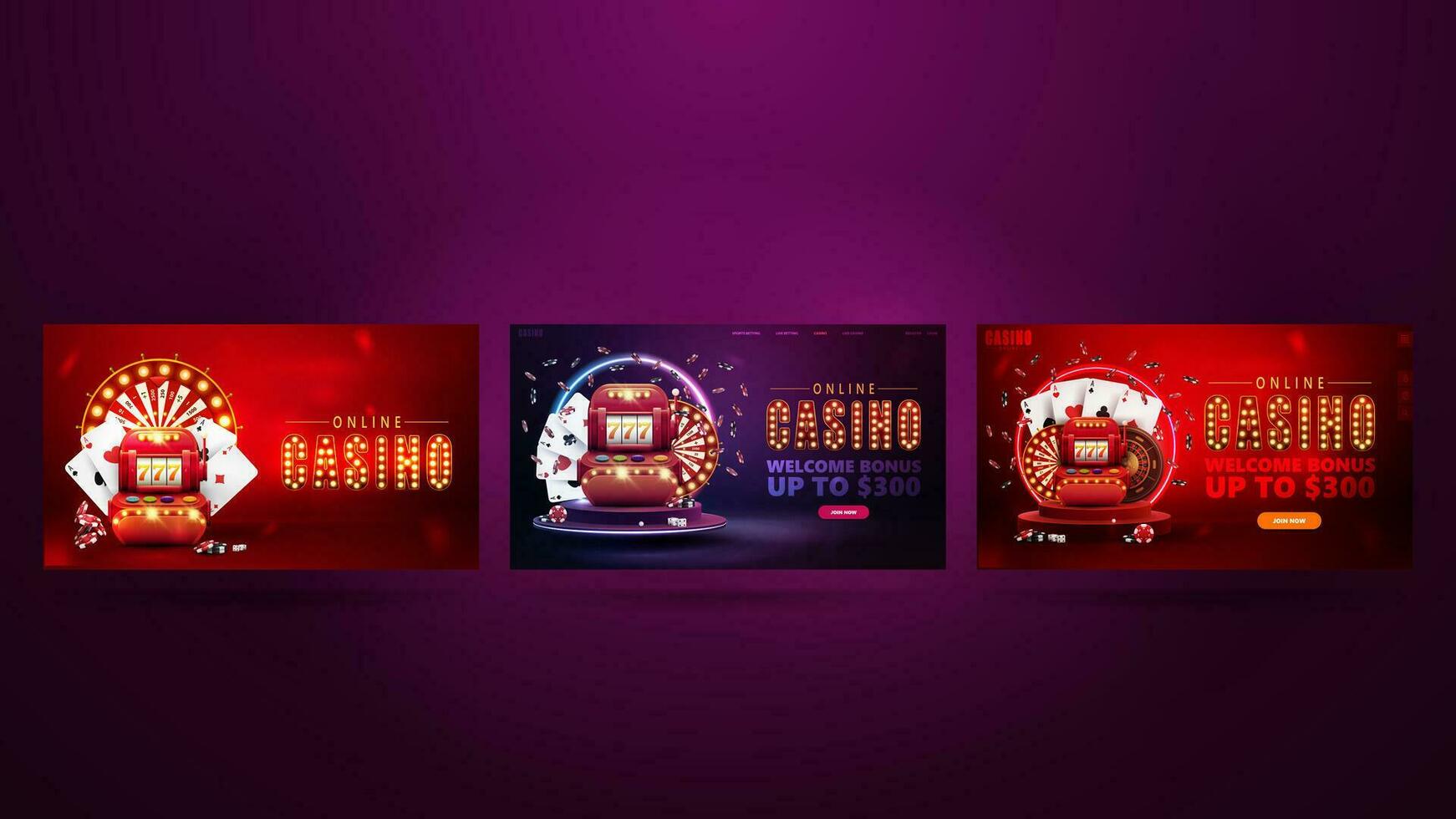 verzameling van casino banners met casino sleuf machines, wiel van fortuin en spelen kaarten vector