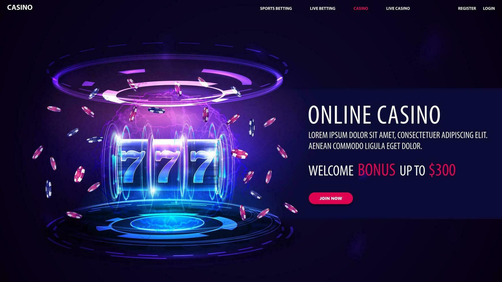 online casino, web banier met bieden, knop en neon casino sleuf machine met jackpot, poker chips en hologram van digitaal ringen in donker leeg tafereel vector