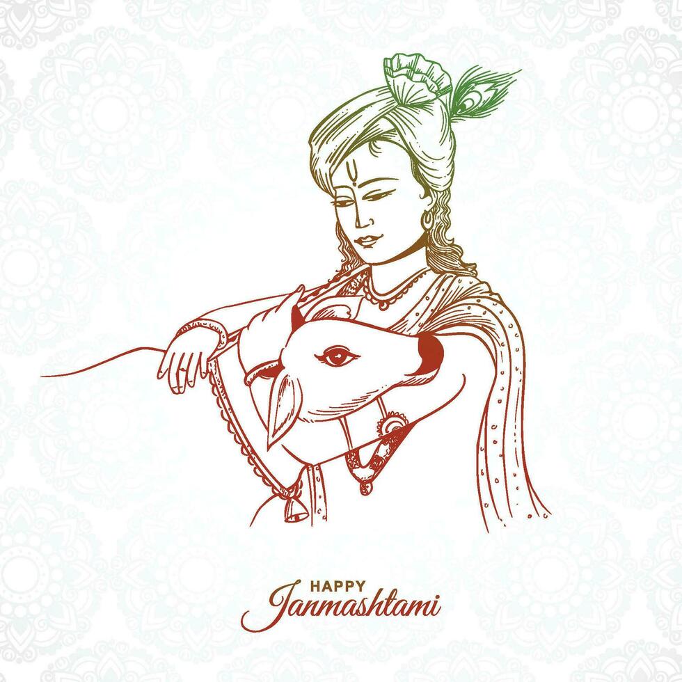 hand- trek schetsen gelukkig janmashtami Indisch festival kaart ontwerp vector