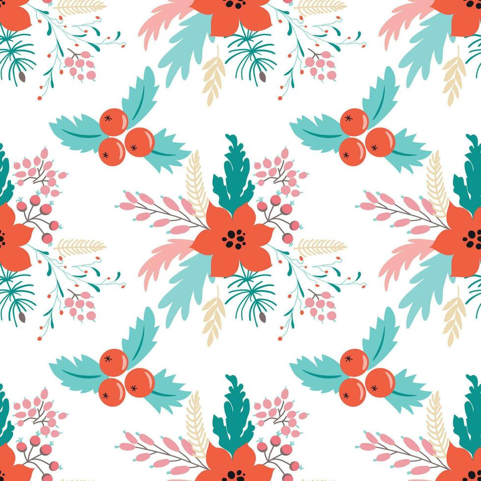 Kerstmis fabriek patroon schattig kerstster boeket winter bloemen patroon helder nieuw jaar achtergrond hand- getrokken tekenfilm stijl vrolijk Kerstmis fabriek decoratief afdrukken Aan wit. vector illustratie.