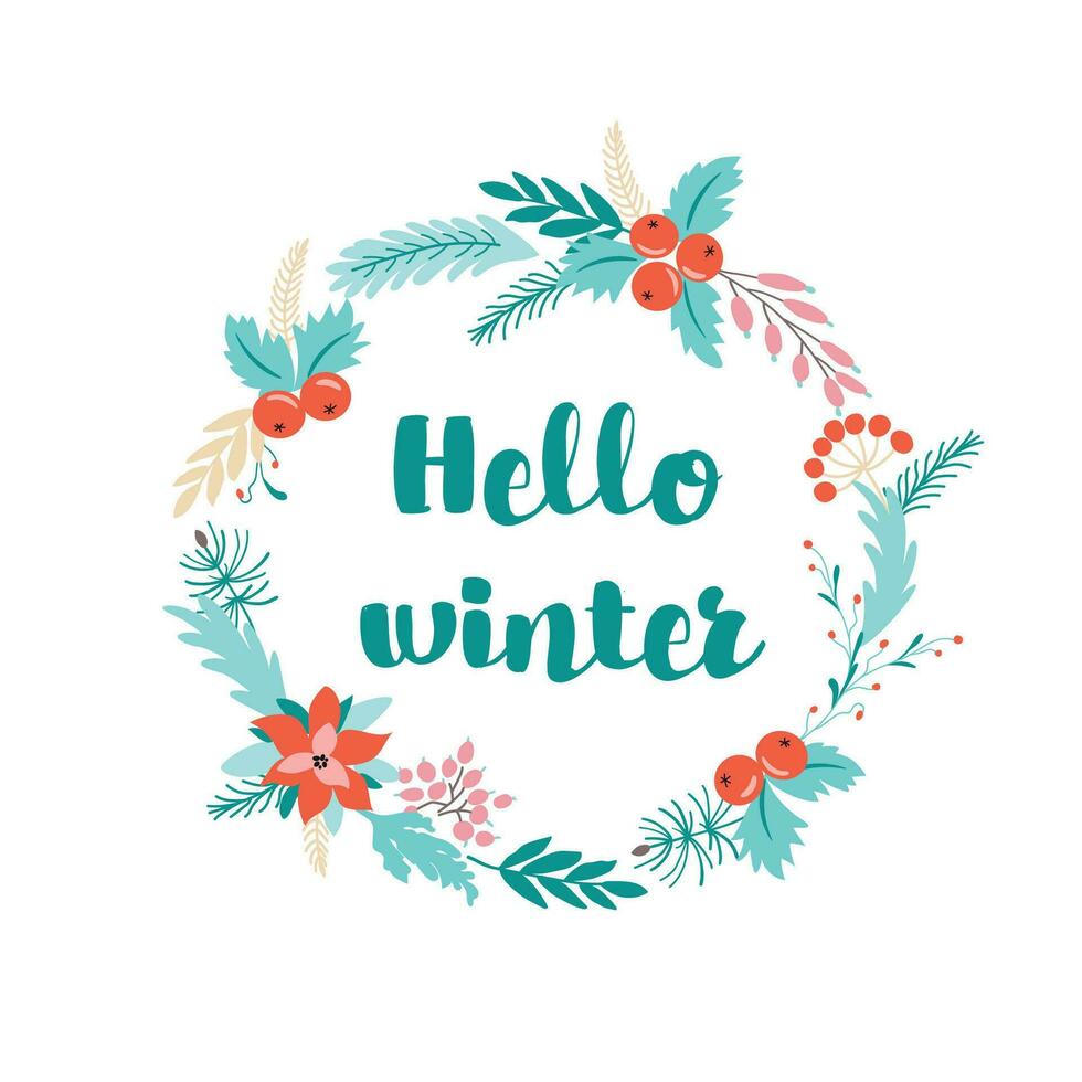 krans Kerstmis tekst Hallo winter vrolijk Kerstmis botanisch Afdeling cirkel krans schattig winter hand- getrokken groet kaart Kerstmis mooi ontwerp voor banners flayer afdrukken BES kerstster. vector illustratie