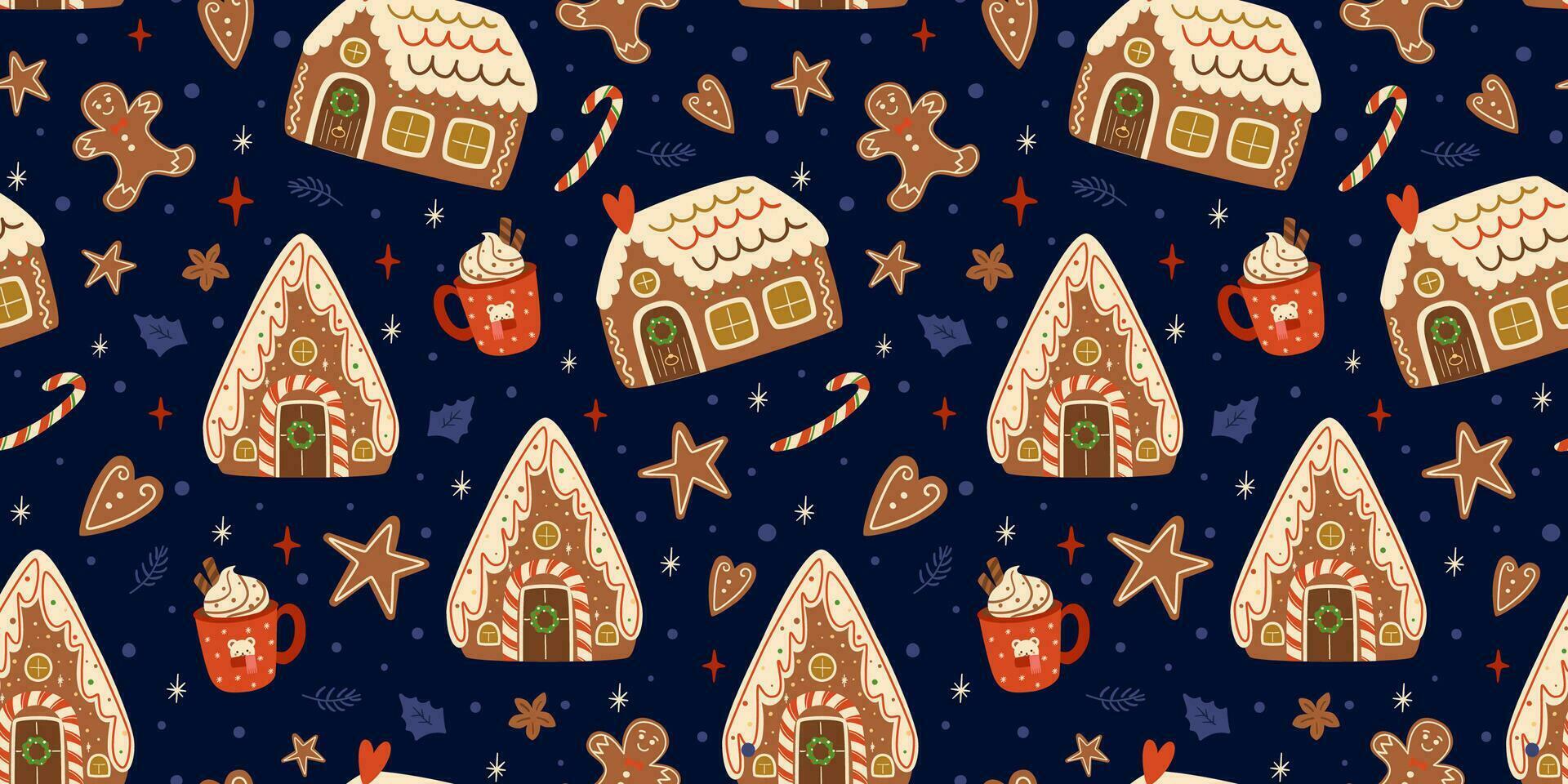 Kerstmis peperkoek huizen naadloos patronen Aan donker blauw herhaling achtergrond. schattig peperkoek koekjes. vector winter afdrukken. Kerstmis herhalen textuur, oppervlakte ontwerp, behang, kleding stof, inpakken papier