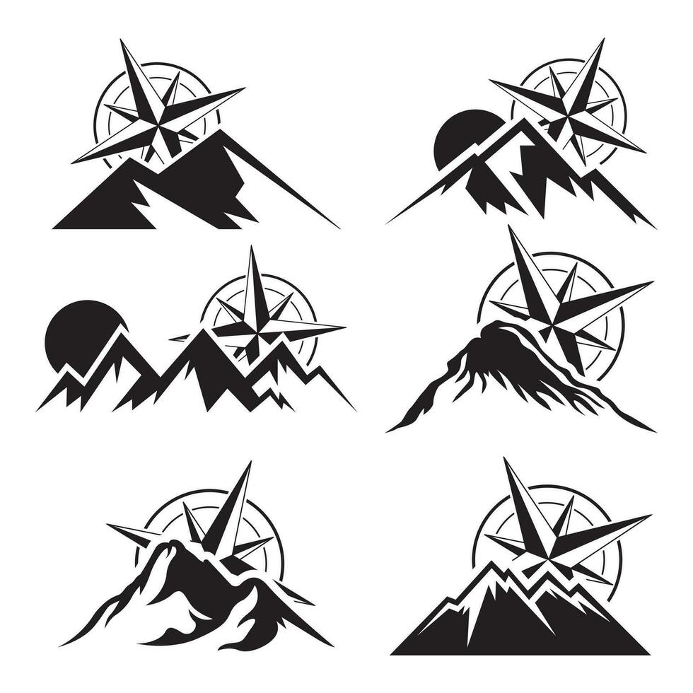 avontuur logo verzameling. monochroom berg en kompas logo vector